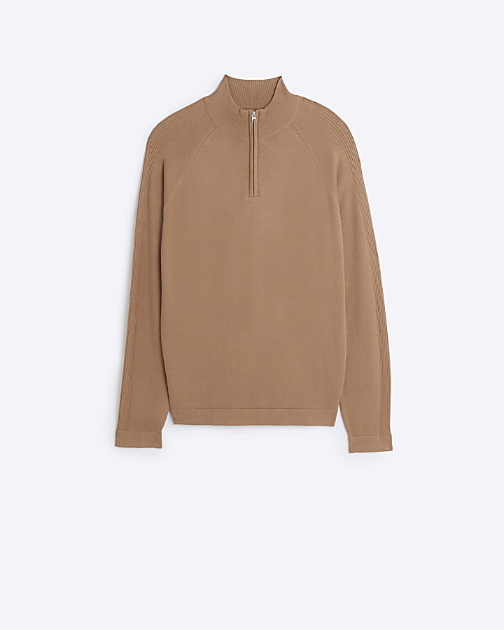 Brown slim fit knitted half zip jumper