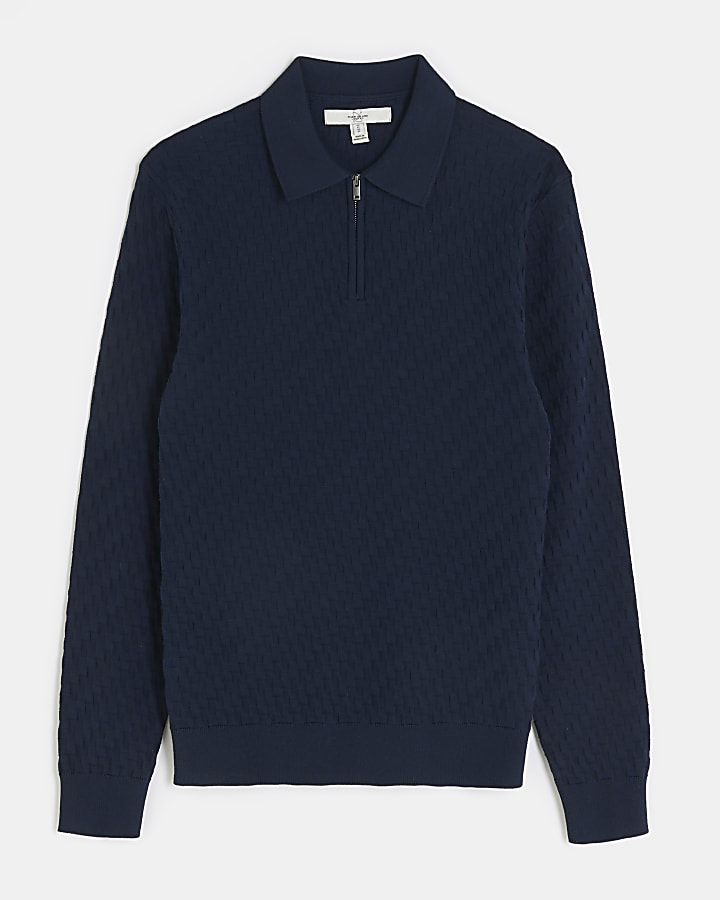 Navy muscle fit zig zag knit polo