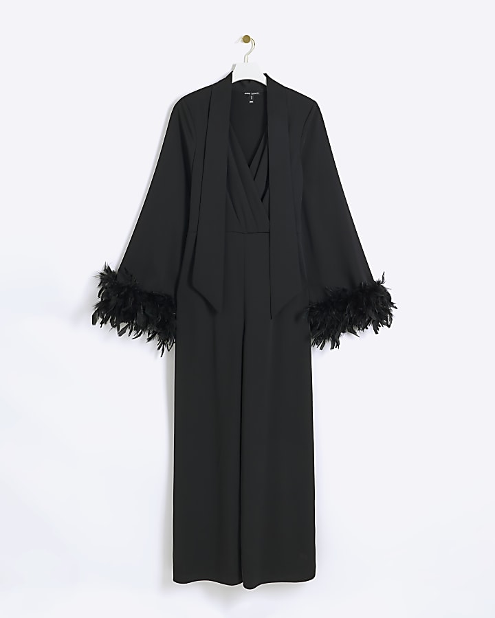 Black feather cuff wide leg jumpsuit