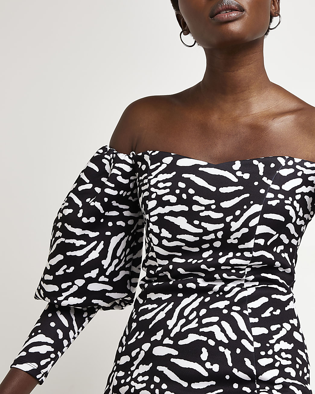 Black animal print bardot bodycon mini dress