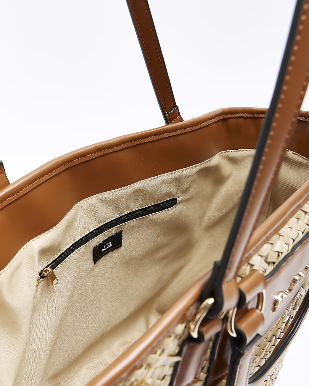 Brown raffia embellished basket bag
