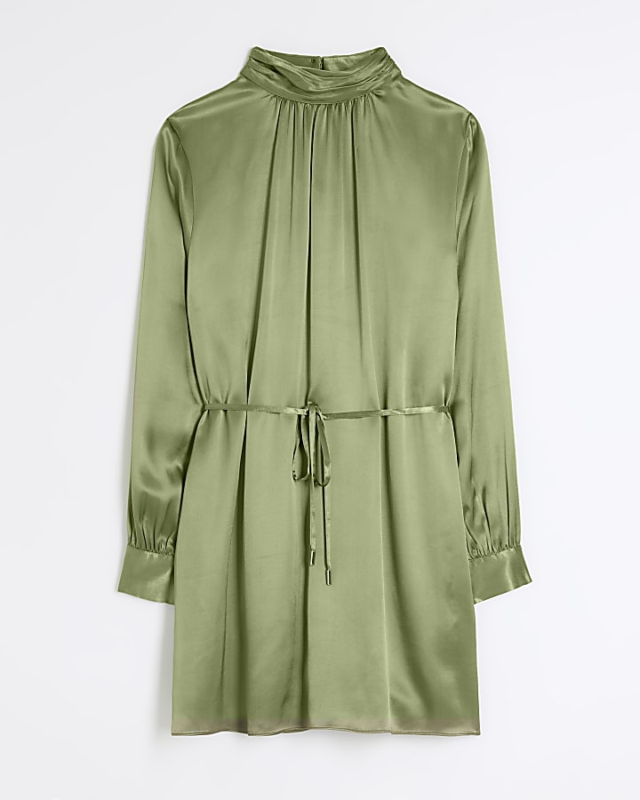 Khaki satin tie waist shift mini dress