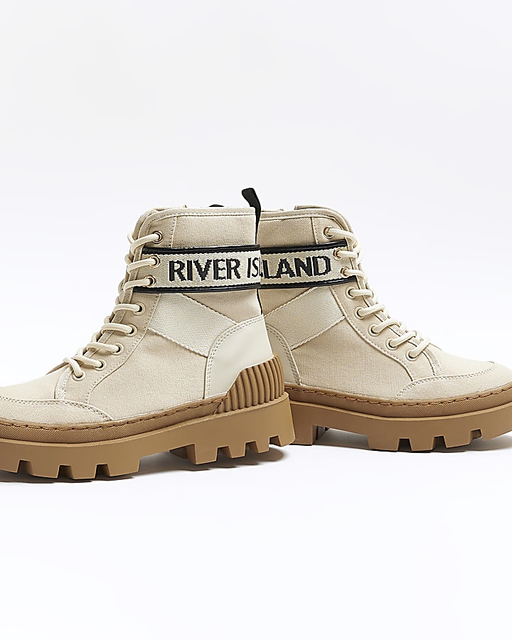 Beige canvas lace up boots