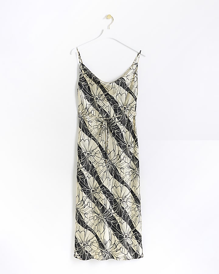 Cream satin floral cowl neck slip midi dress