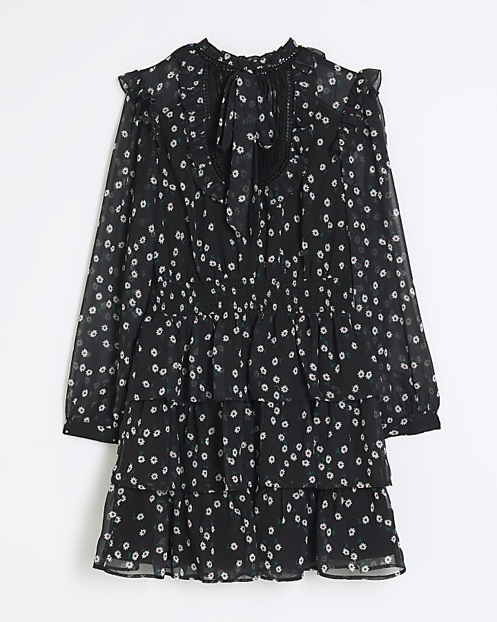 Black floral frill swing mini dress