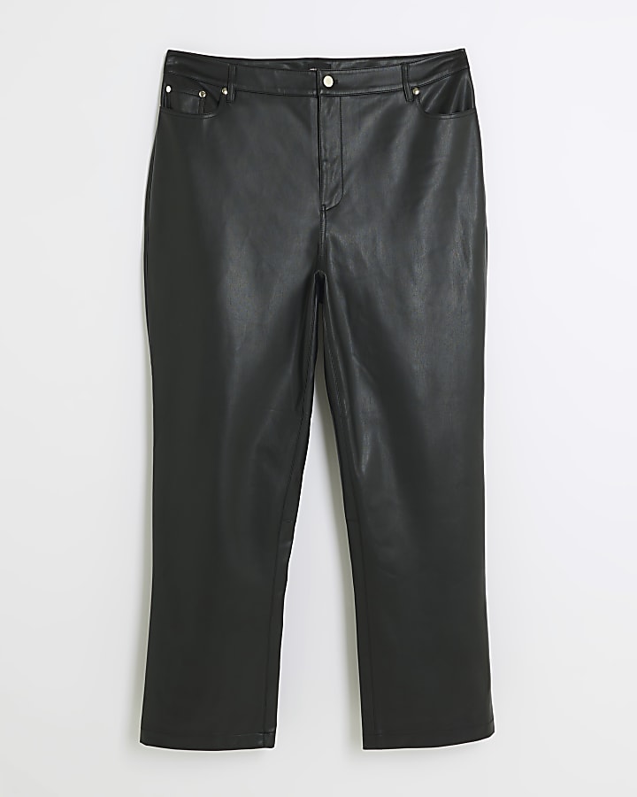 Plus black faux leather straight trousers
