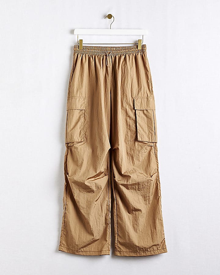 Beige Straight Leg Cargo Parachute Trousers