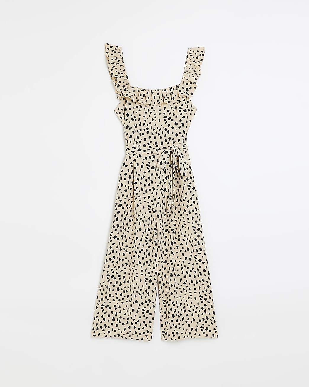 White animal print frill cropped jumpsuit