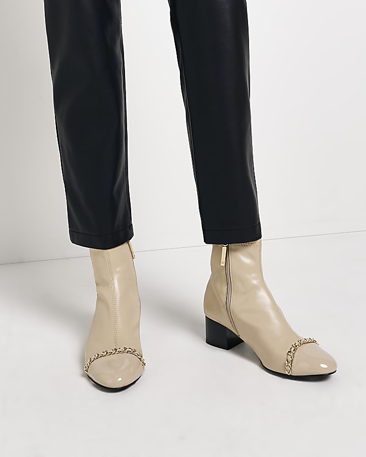 Cream chain heeled ankle boots