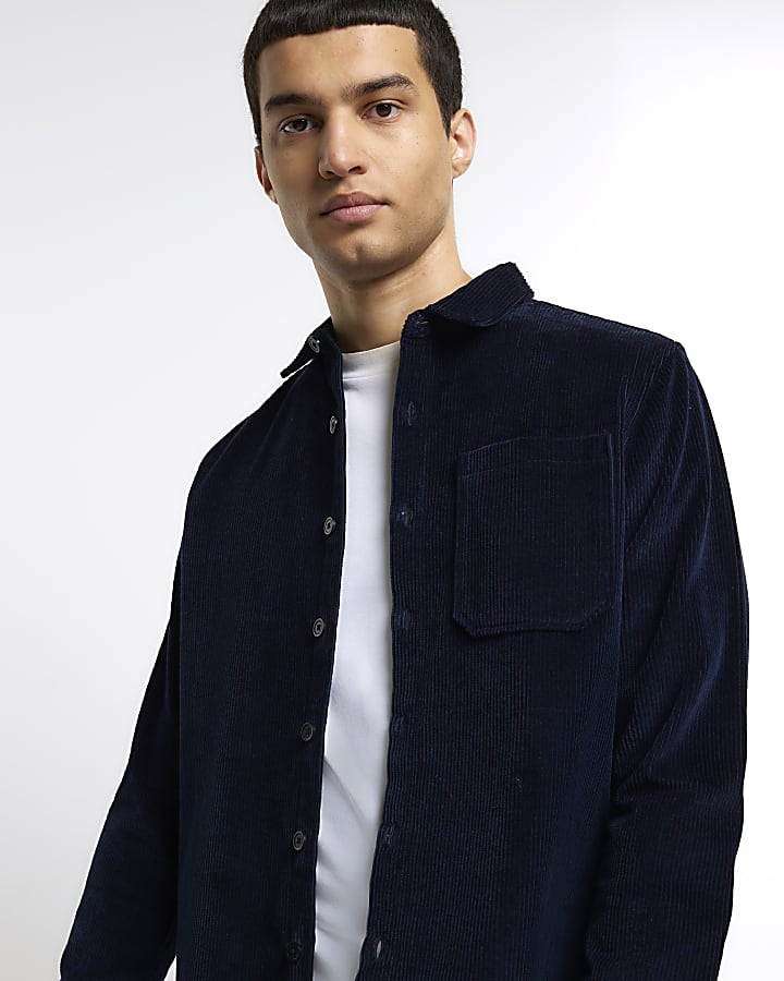 Navy regular fit corduroy long sleeve shirt