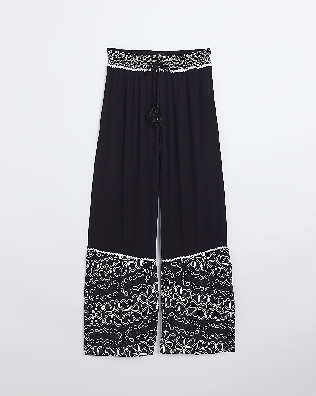Black floral shirred wide leg trousers