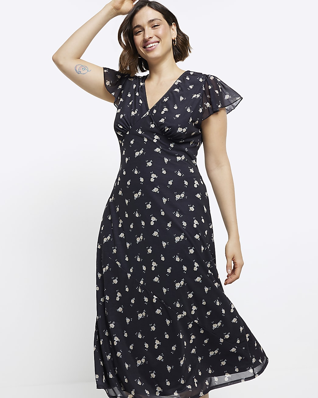 Plus black frill Sleeve midi tea Dress