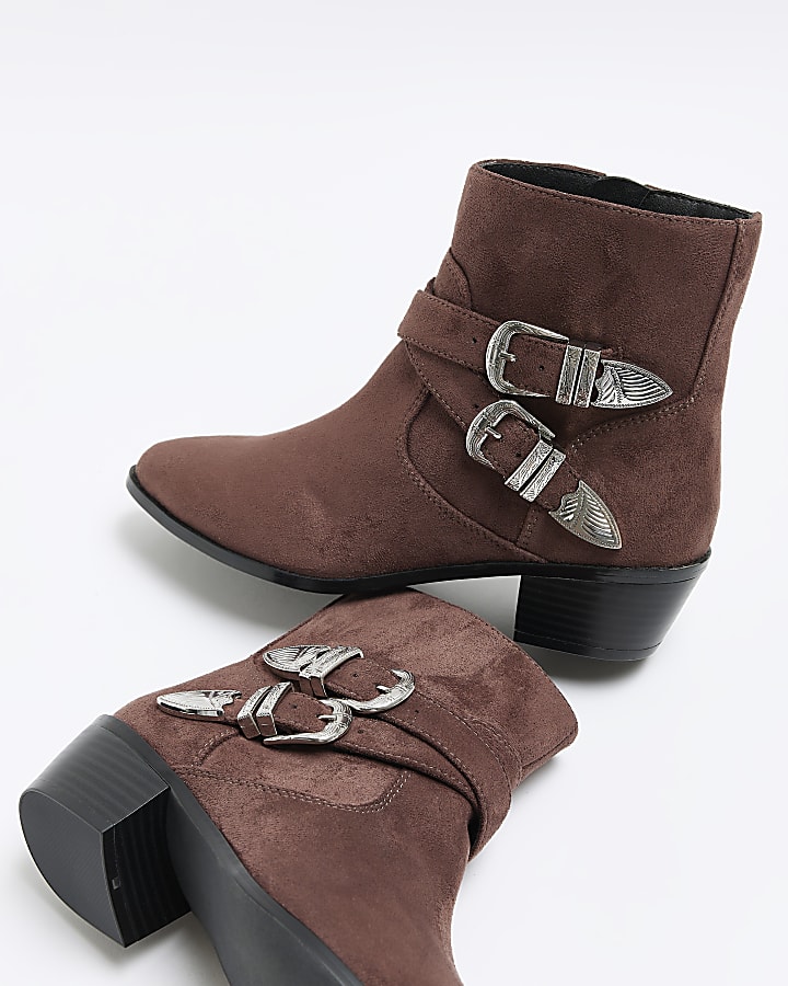 Brown suedette western ankle boots