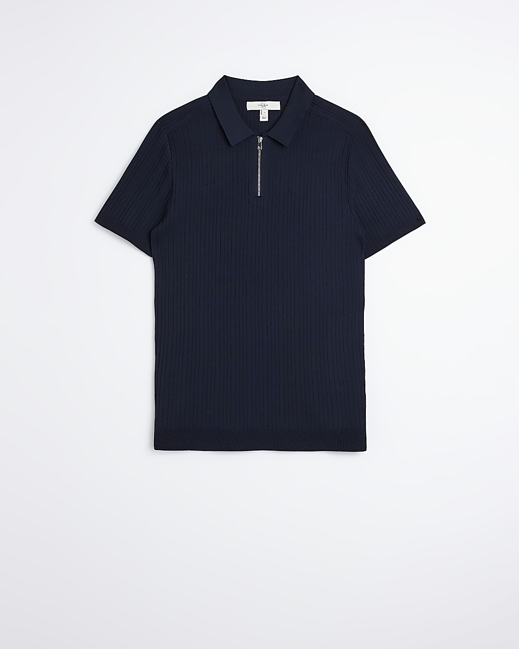 Navy muscle fit ribbed knit zip up polo shirt