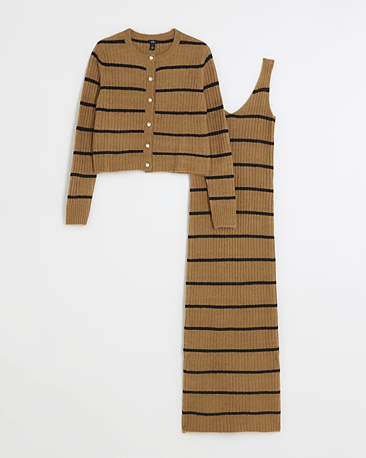 Brown knitted stripe bodycon midi dress set