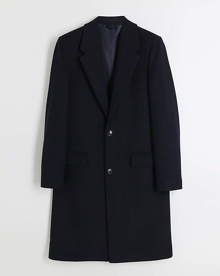 Navy regular fit wool blend premium coat
