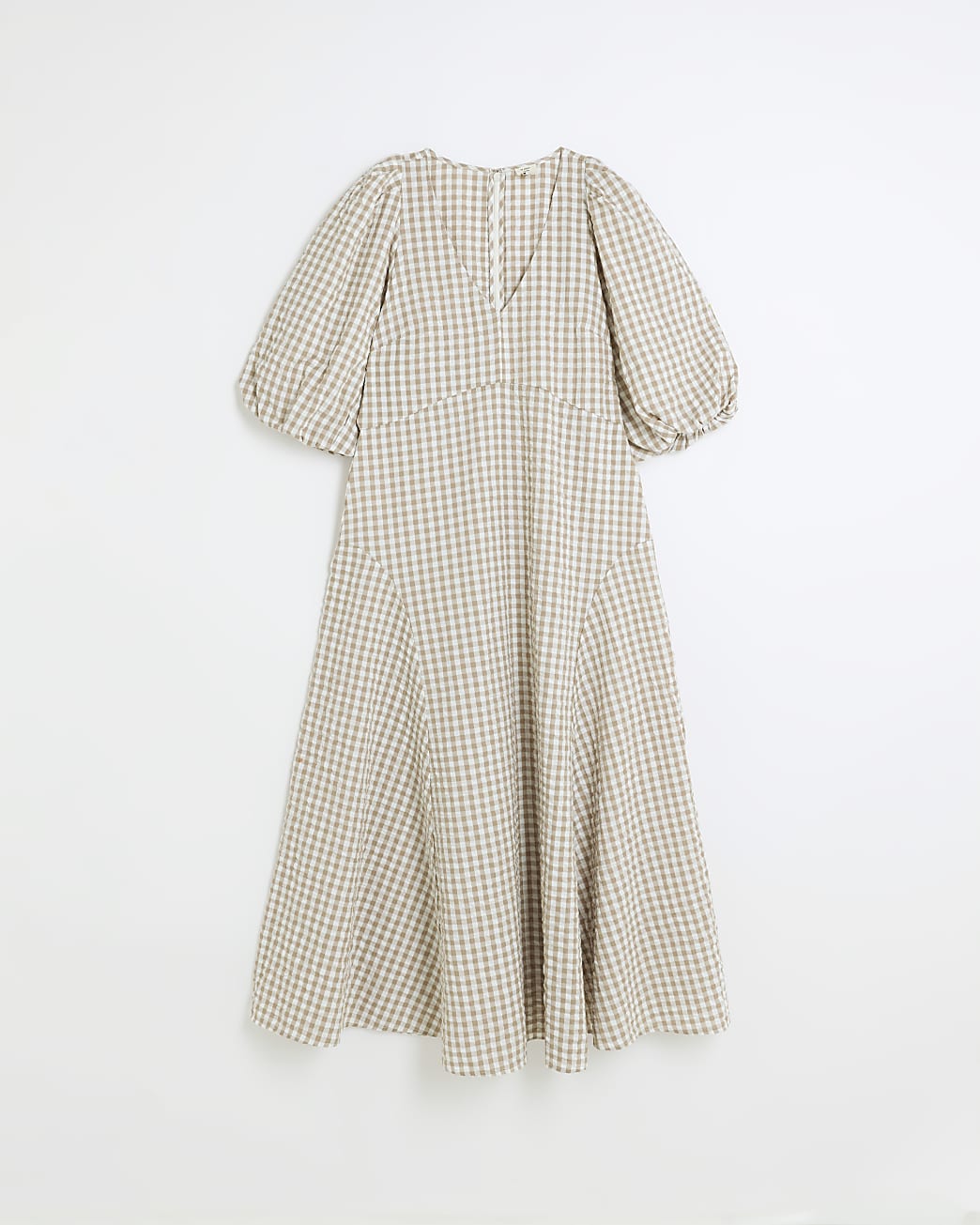 Beige gingham puff sleeve smock midi dress