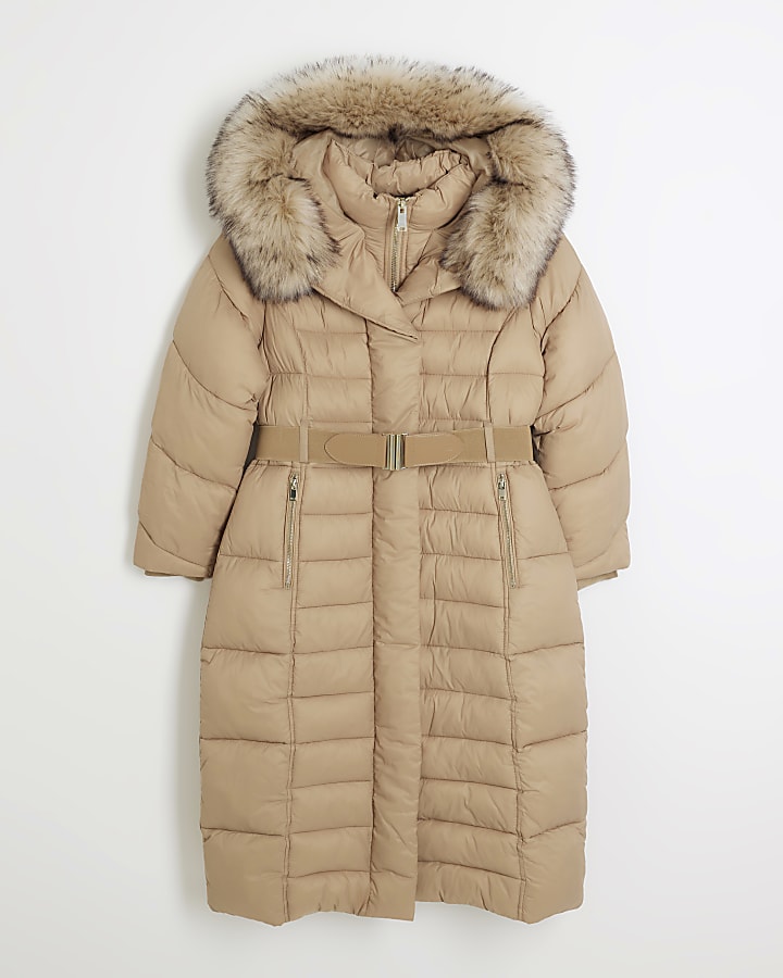 Petite beige faux fur puffer longline coat