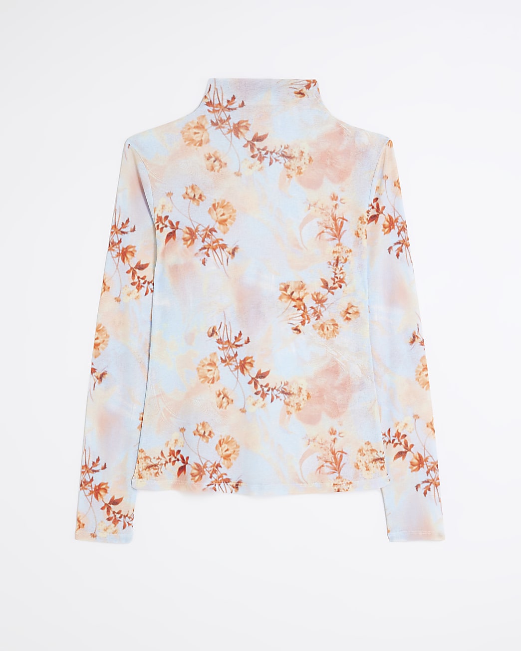 Blue mesh floral high neck top