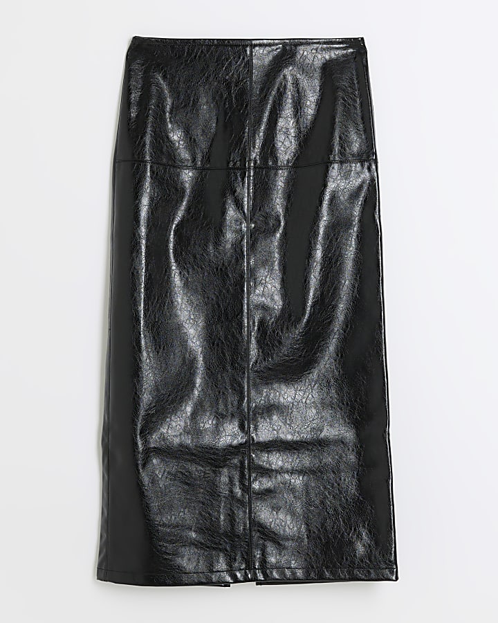 Black faux leather seamed midi skirt