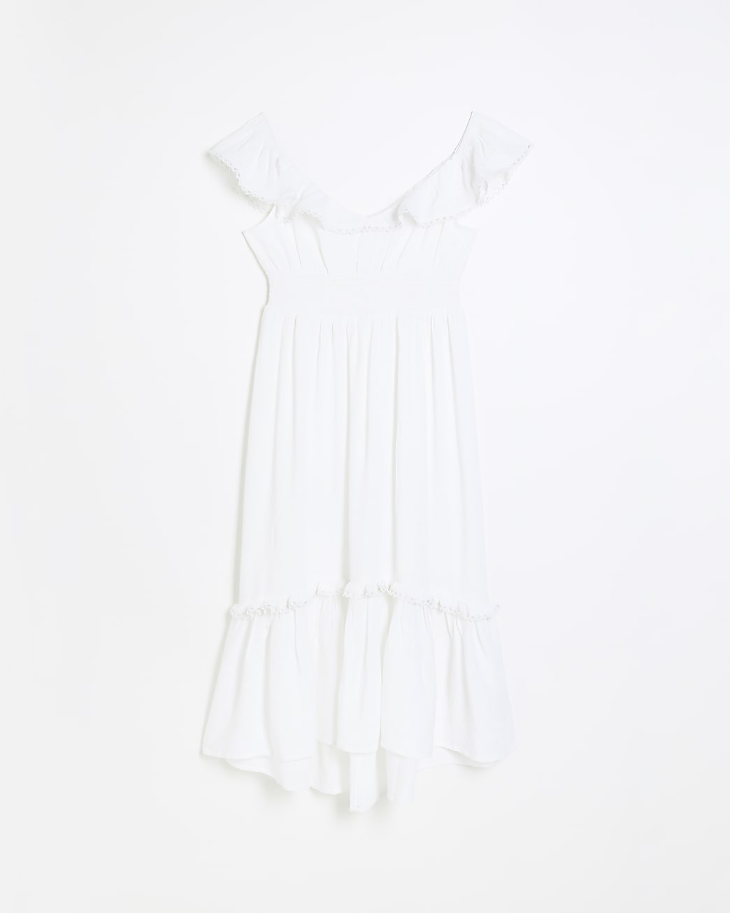White bardot ruffle midi dress