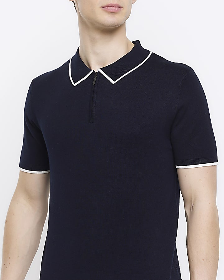 Navy Slim fit knitted Polo shirt