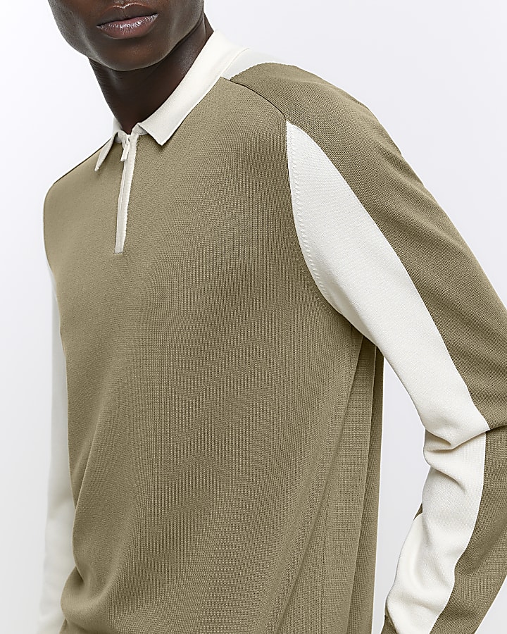 Green slim fit knitted colour block polo
