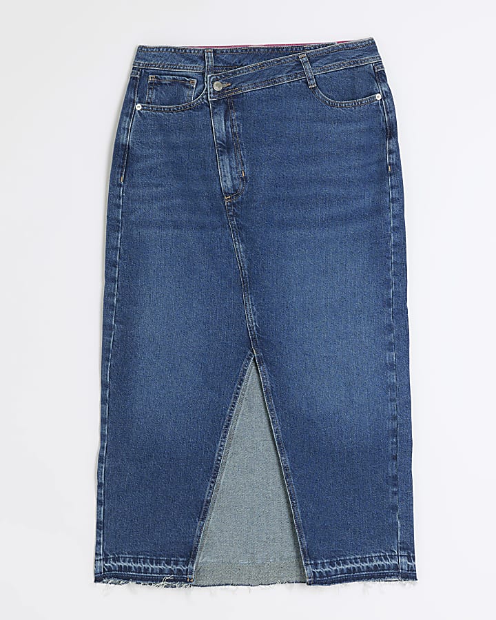 Petite blue asymmetric waist denim maxi skirt