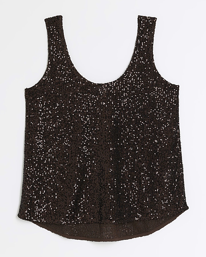 Petite brown sequin tank top