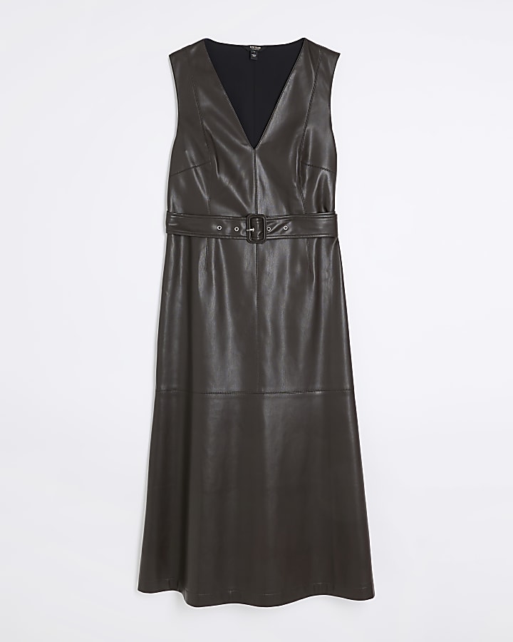 Brown faux leather belted swing midi dress