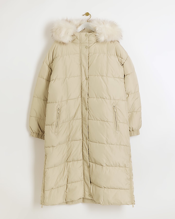 Cream hooded longline puffer jacket