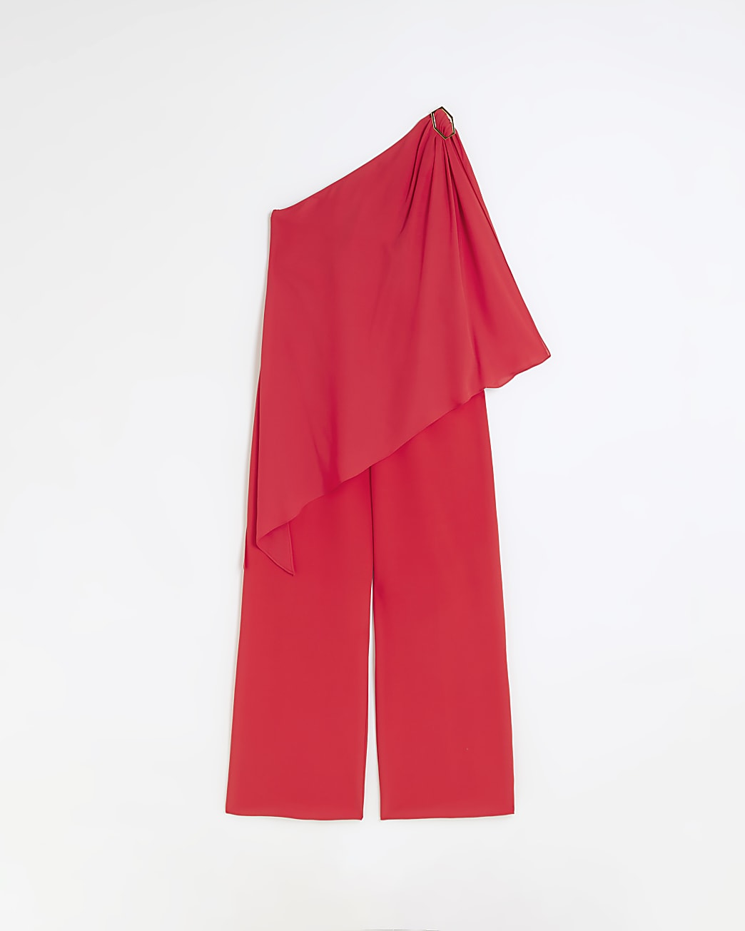 Red one shoulder drape jumpsuit