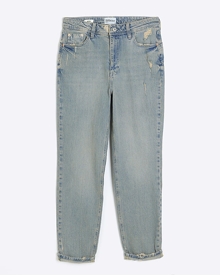 Blue high waisted mom ripped jeans