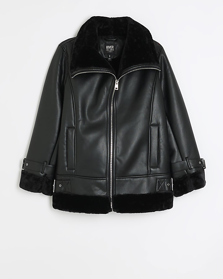 Black faux leather aviator jacket