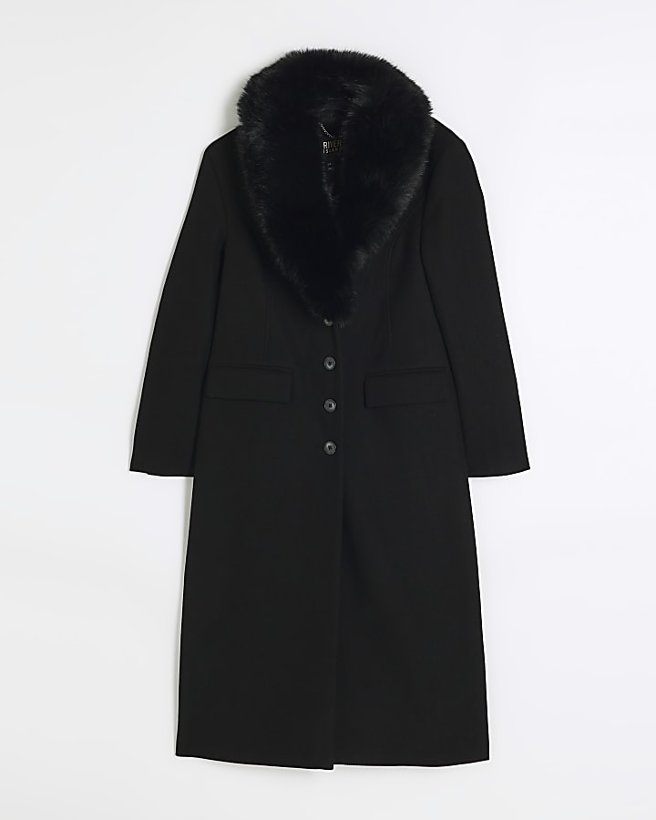 Black faux fur collar longline coat