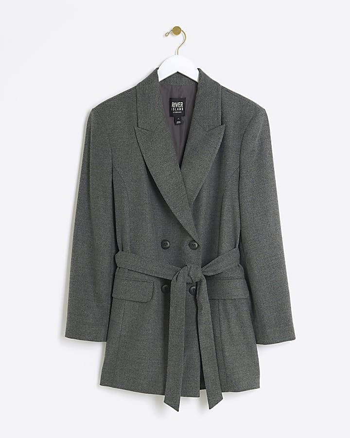 Grey belted wrap blazer