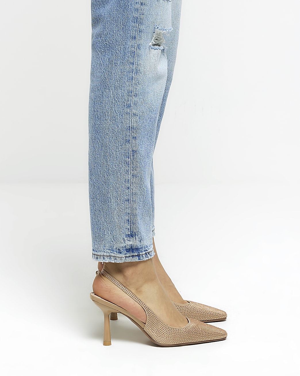 Beige diamante heeled court shoes