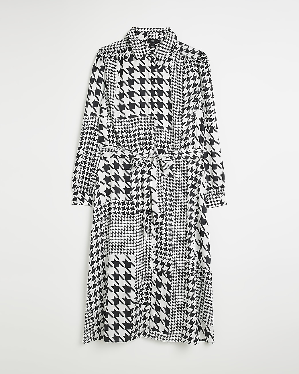 Plus black satin dogtooth midi shirt dress