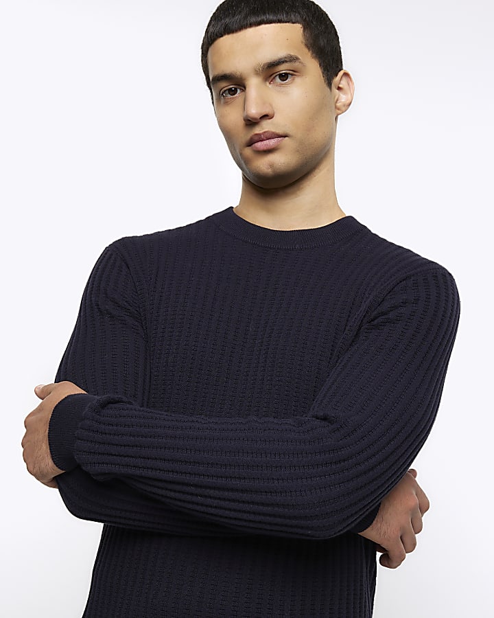 Navy slim fit waffle texture jumper