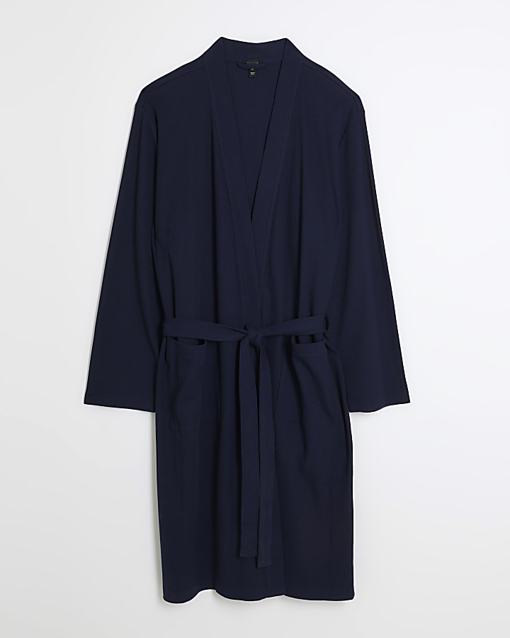 Navy regular fit waffle texture robe