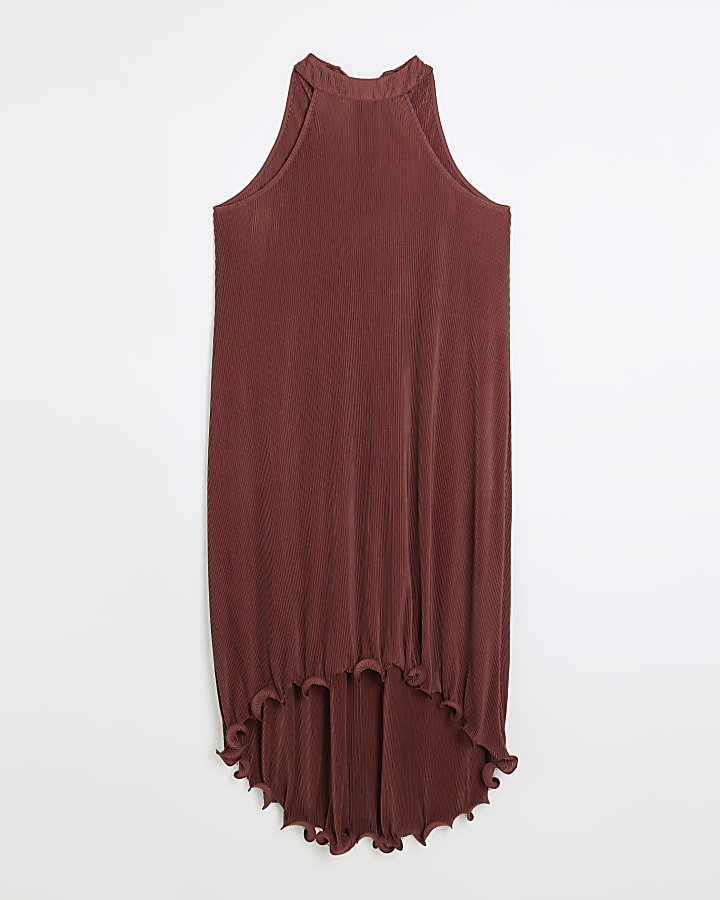 Brown plisse frill hem slip midi dress