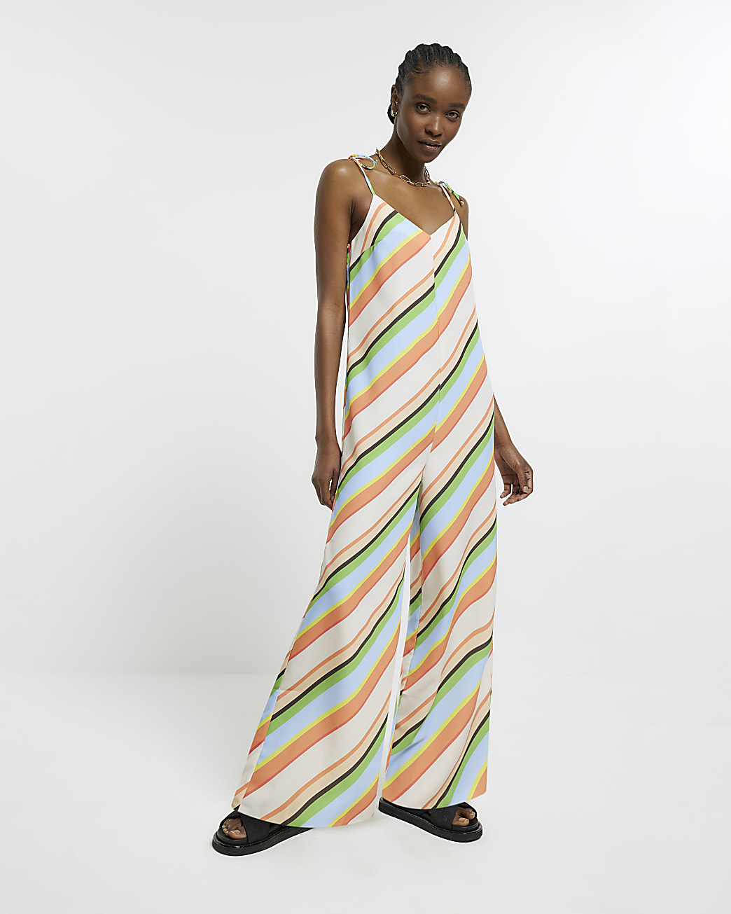 Orange striped wide leg jumpsuit