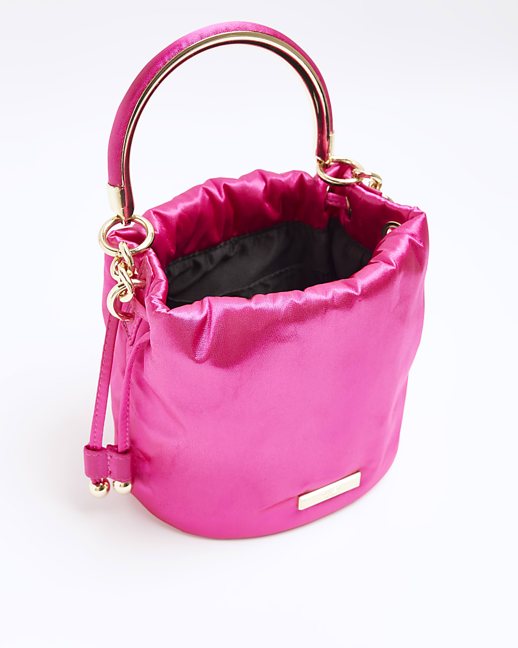 Pink drawstring satin bucket bag