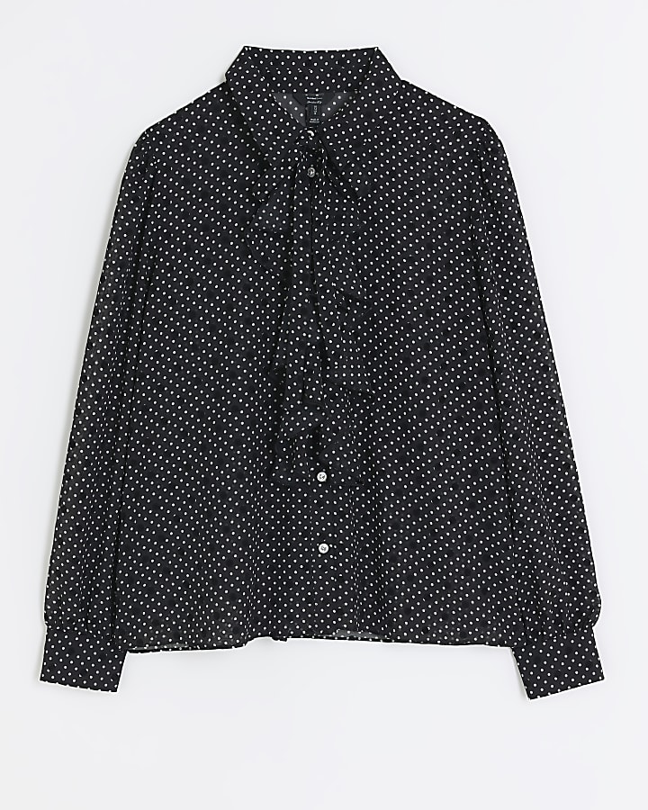 Black spot frill tie neck shirt