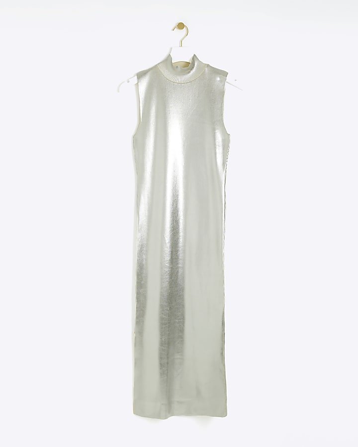 Silver metallic foil bodycon midi dress