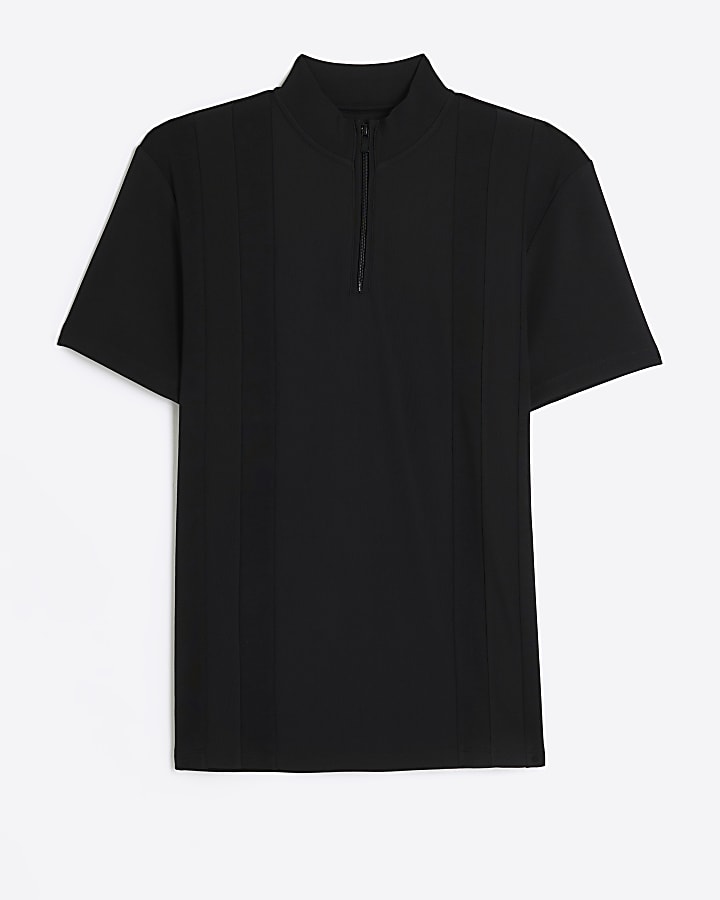 Black slim fit funnel neck polo