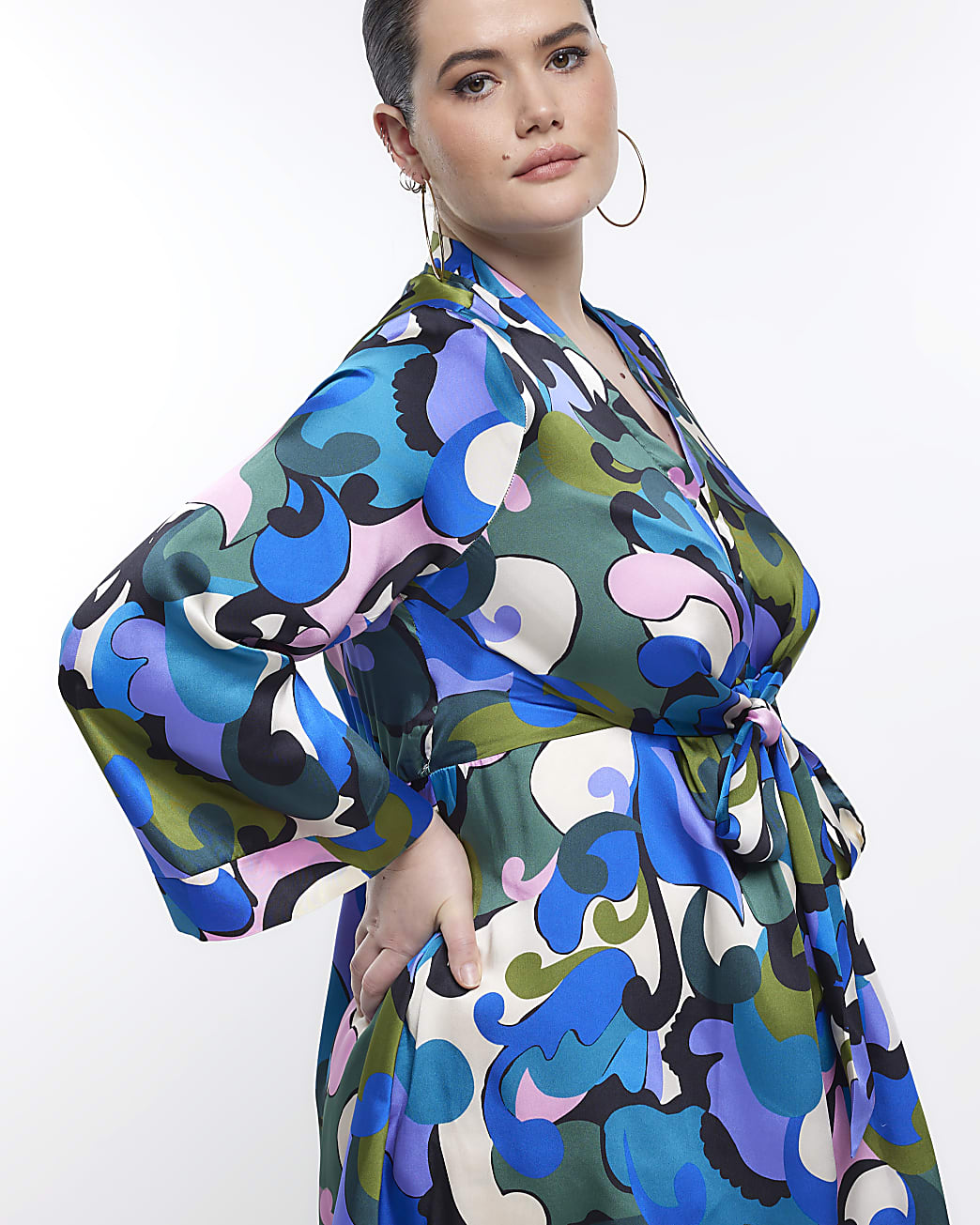 Plus green print satin long sleeve mini dress