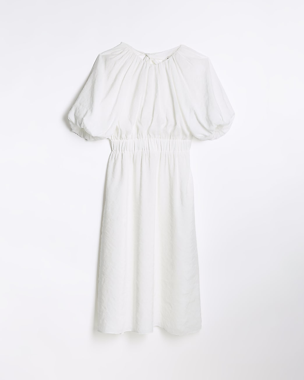 White shirred puff sleeve swing midi dress