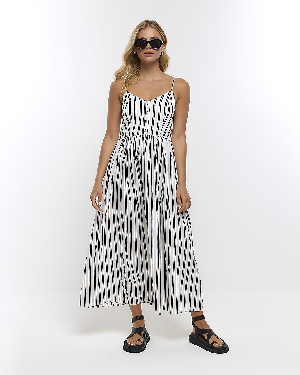 Black poplin striped swing midi dress