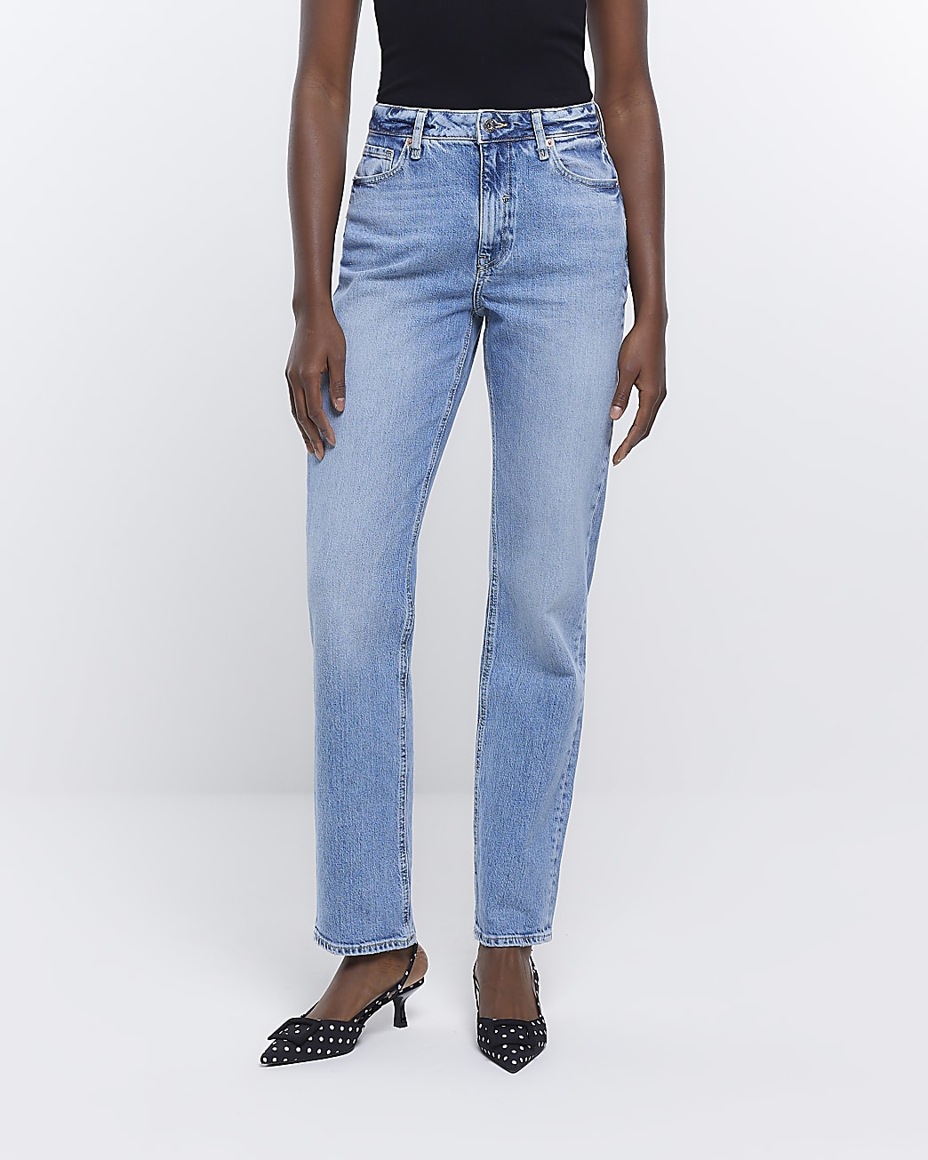Blue high waisted straight leg jeans